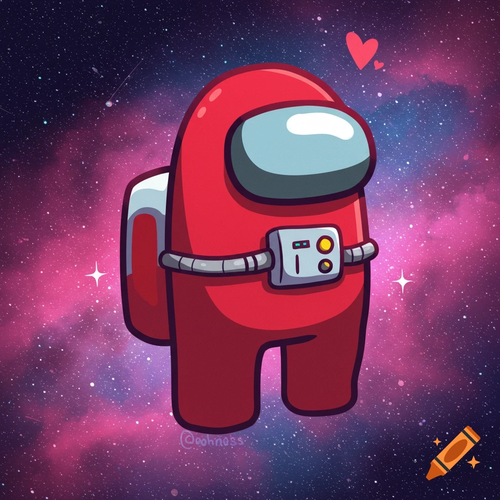 A red Among Us character floats in space with hearts above its head, digital art.