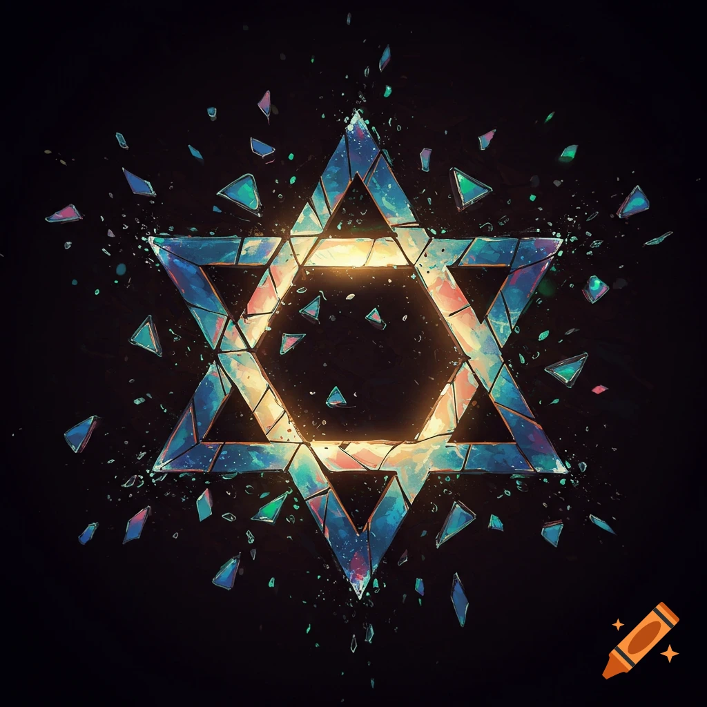 A broken Star of David made of shimmering geometric pieces scattering outward on black.