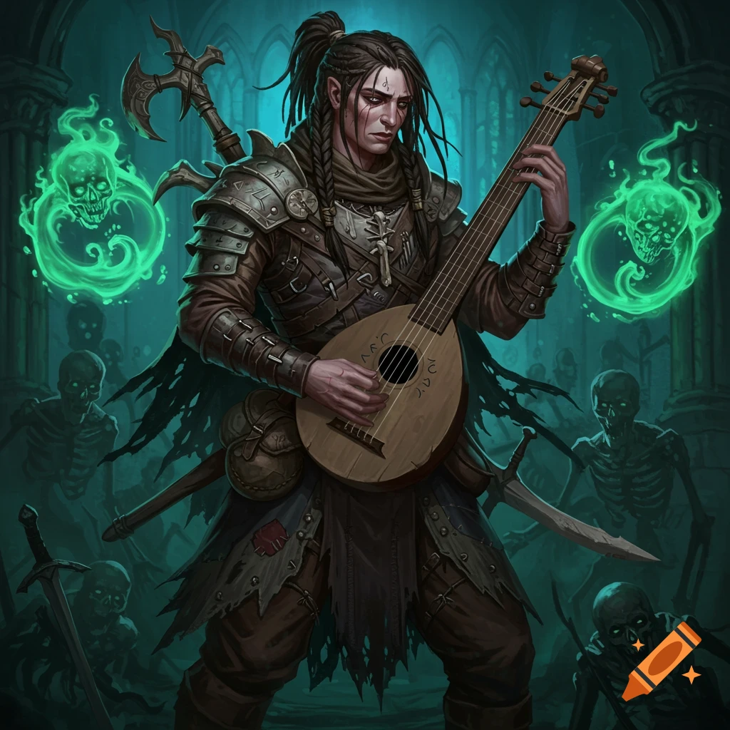 A dark fantasy necromancer bard plays a lute, surrounded by skeletons.