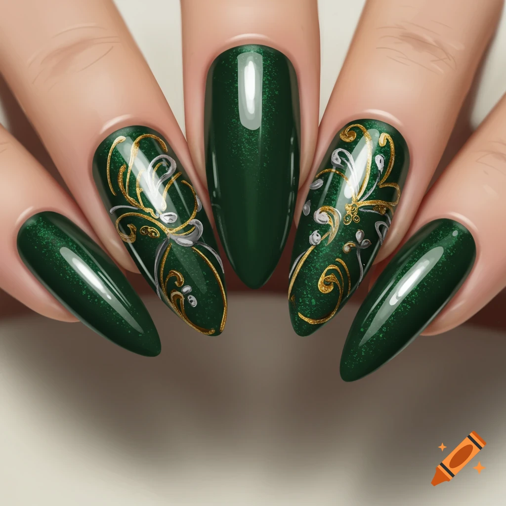Close-up of dark green almond-shaped nails with gold and silver filigree decoration.