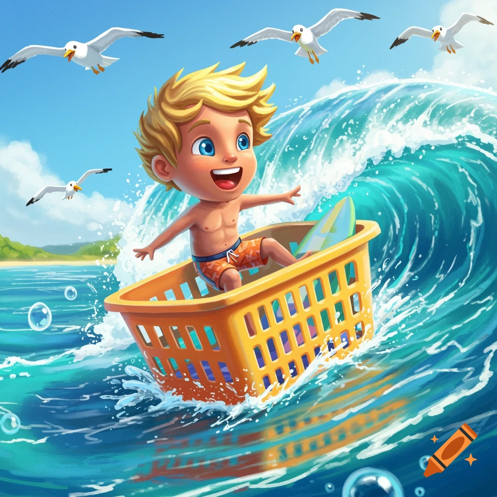 A whimsical depiction of a cartoon boy surfing a wave in a laundry basket with seagulls.