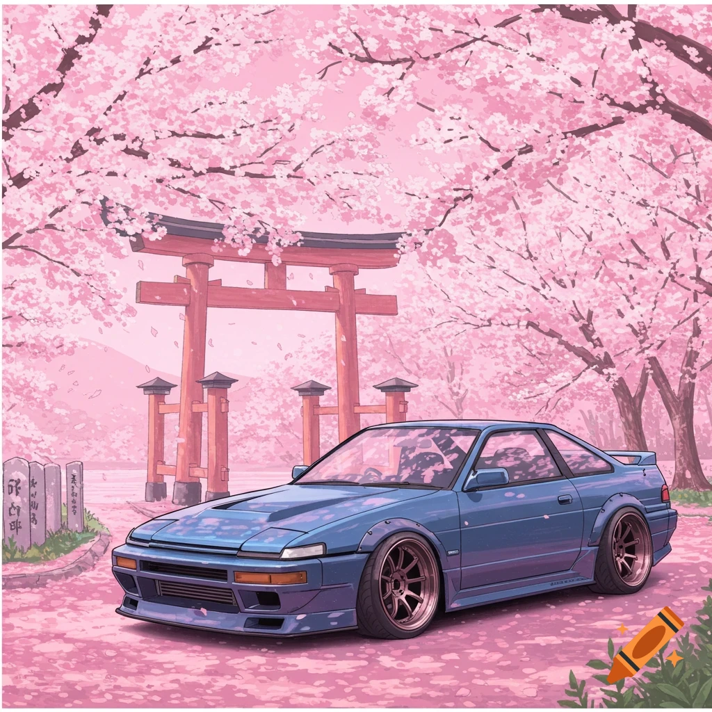 A blue JDM car is parked in front of a red torii gate under pink cherry blossoms.