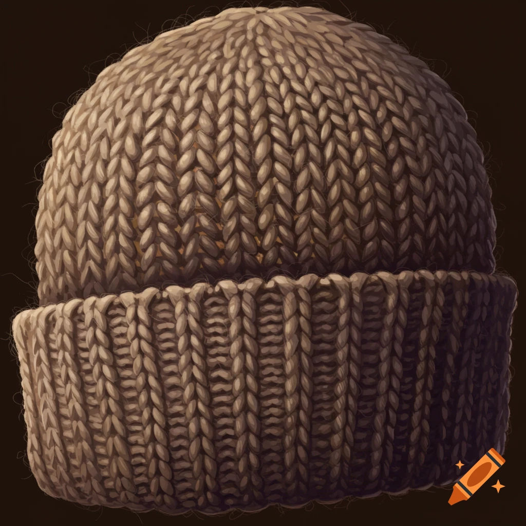 A close-up of a brown knitted beanie texture.