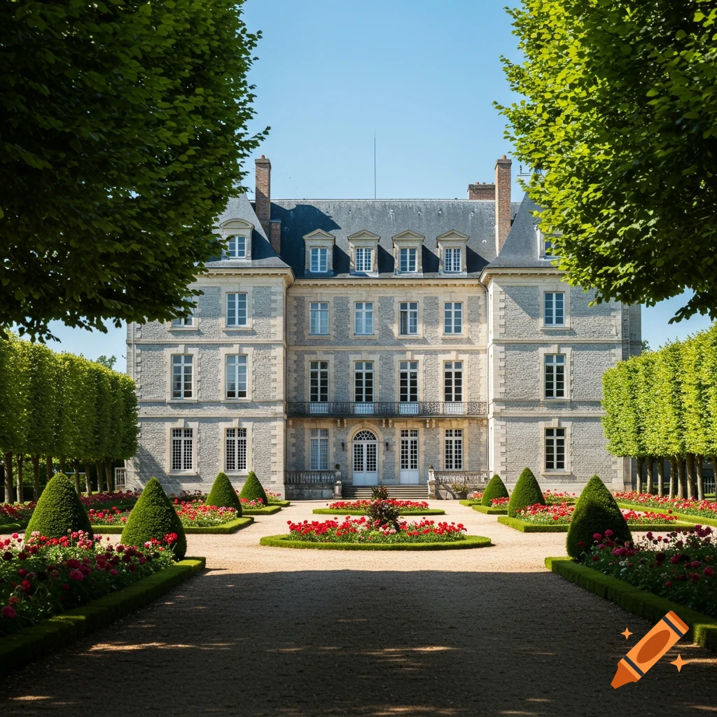 A large stone chateau with a grey roof stands behind a formal garden with red flowers and shaped bushes.