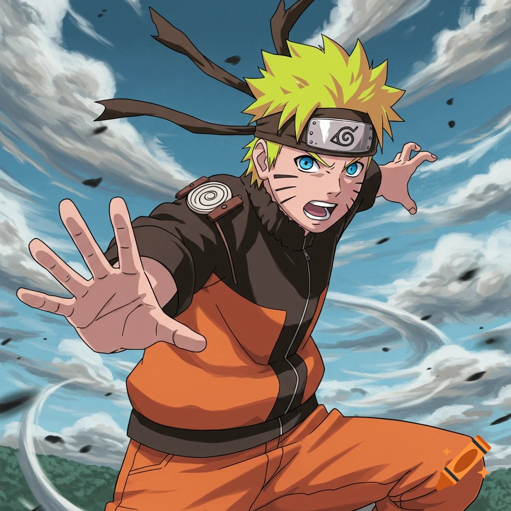 Illustration of Naruto Uzumaki in a dynamic pose reaching forward against a cloudy sky.