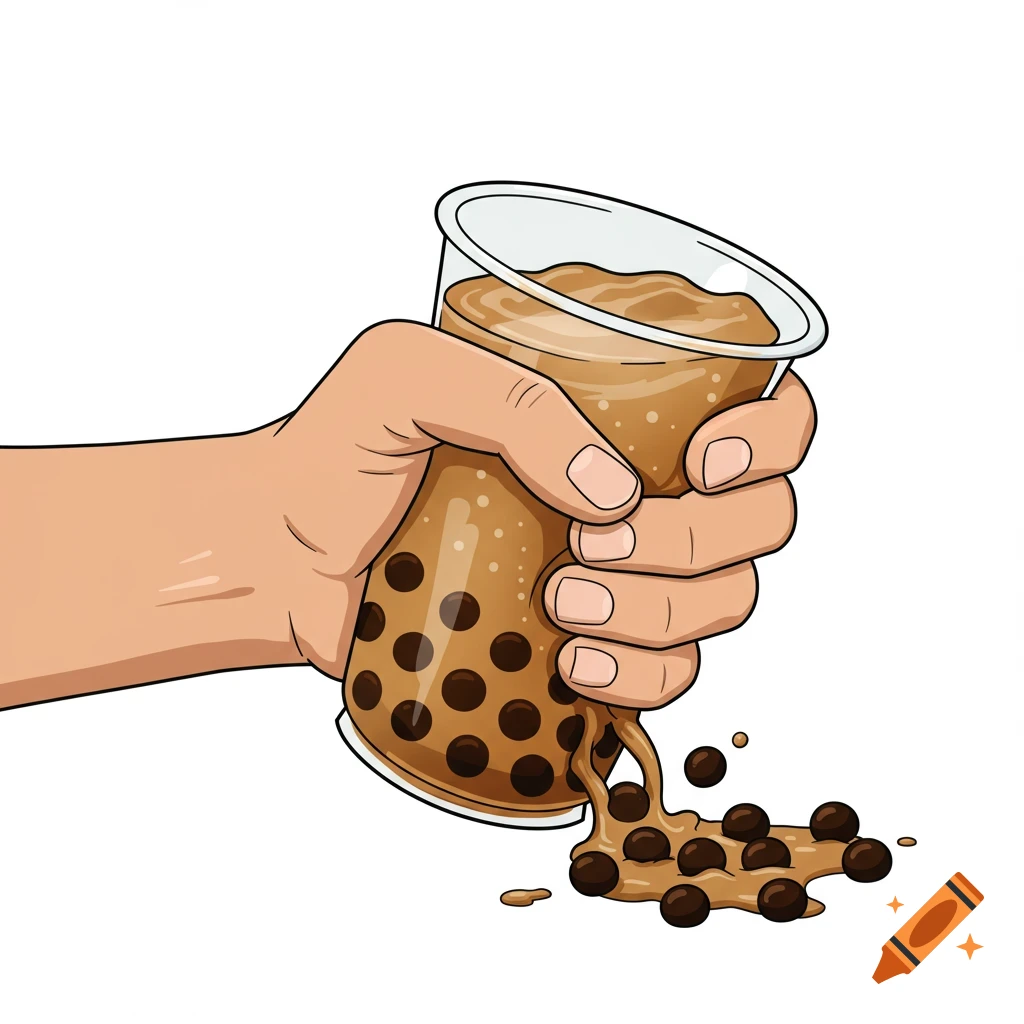 Cartoon hand squeezing an overflowing boba drink spilling pearls and liquid