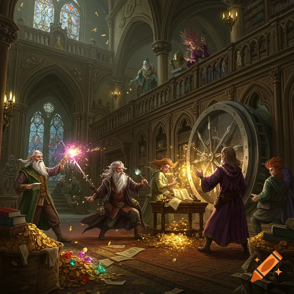 Wizards casting spells and gathering treasure in a grand fantasy hall.