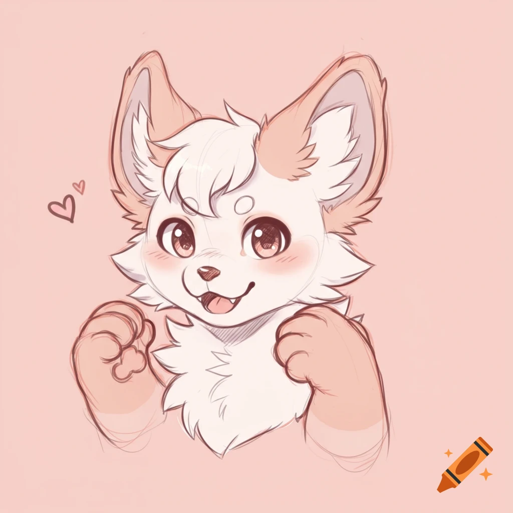 Sketch of a cute furry character with big eyes and hearts