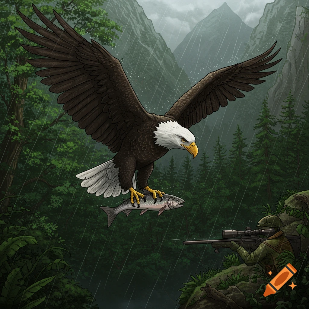 A drawing of an eagle flying in the rain over a forest, holding a fish, while a hunter aims a rifle from below.