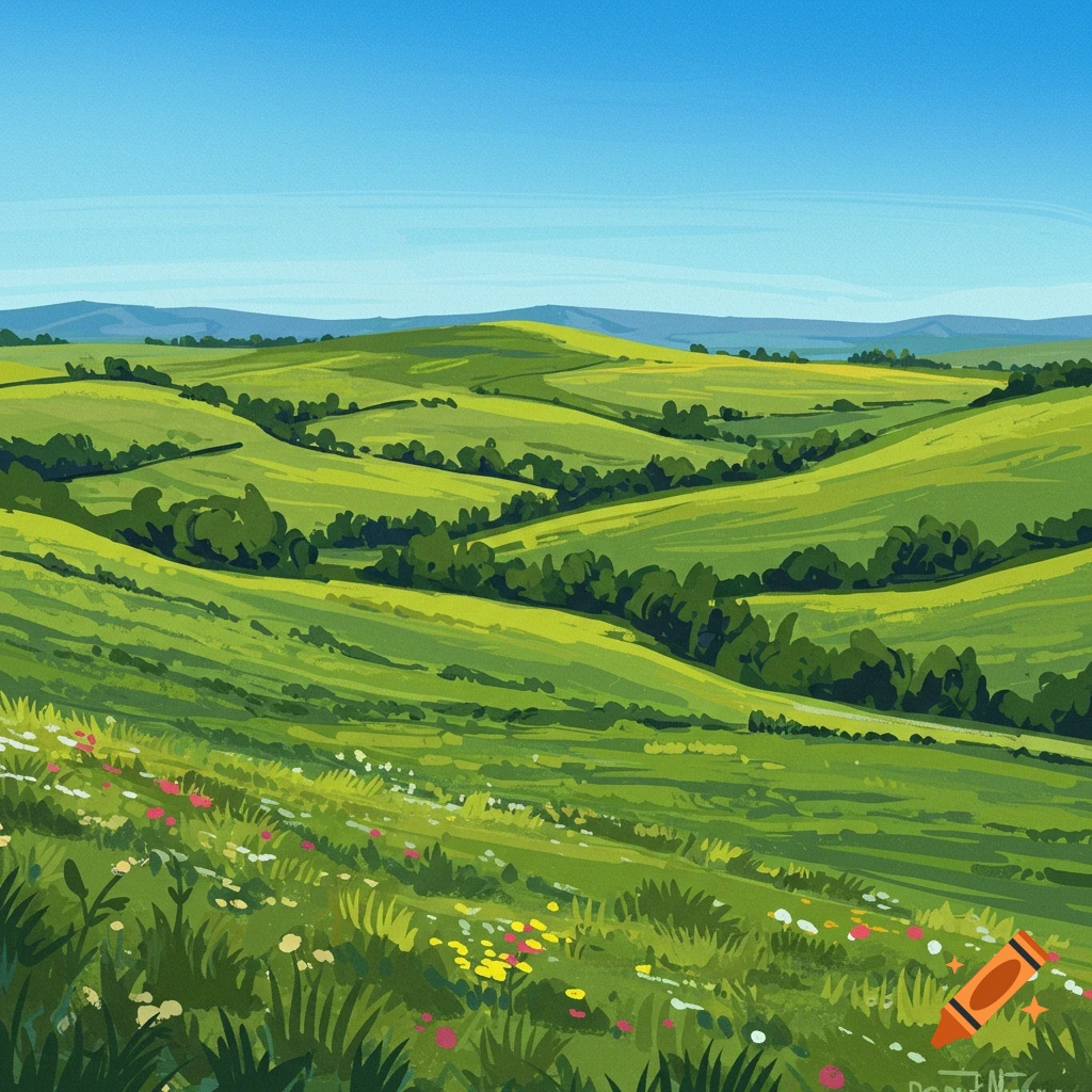 Rolling green hills covered in trees and wildflowers under a blue sky.