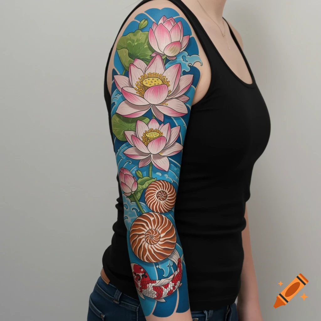 Detailed arm tattoo with pink lotuses, nautilus shells, and a red koi fish on a blue wave background.
