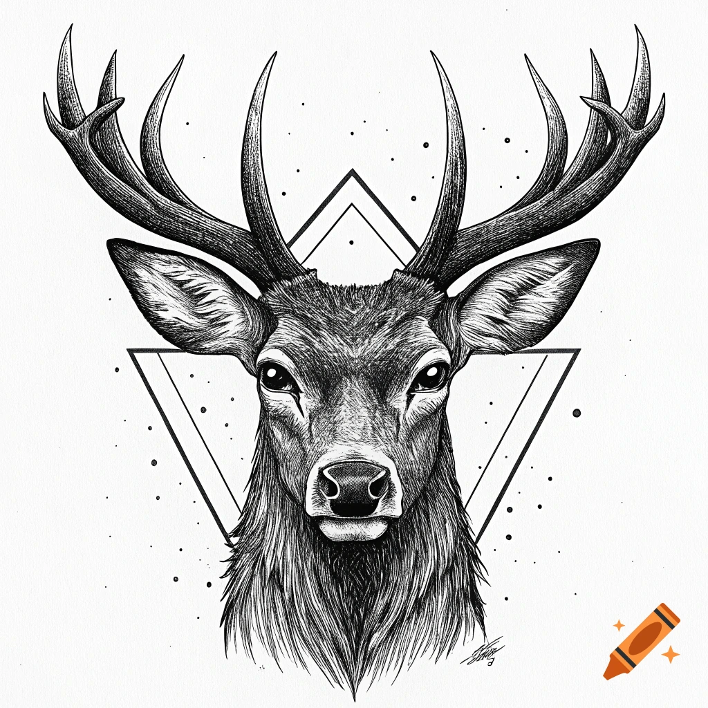 Black and white ink drawing of a deer head with large antlers and geometric shapes