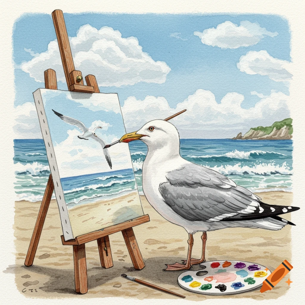 Watercolor illustration of a seagull painting a flying seagull on a beach.