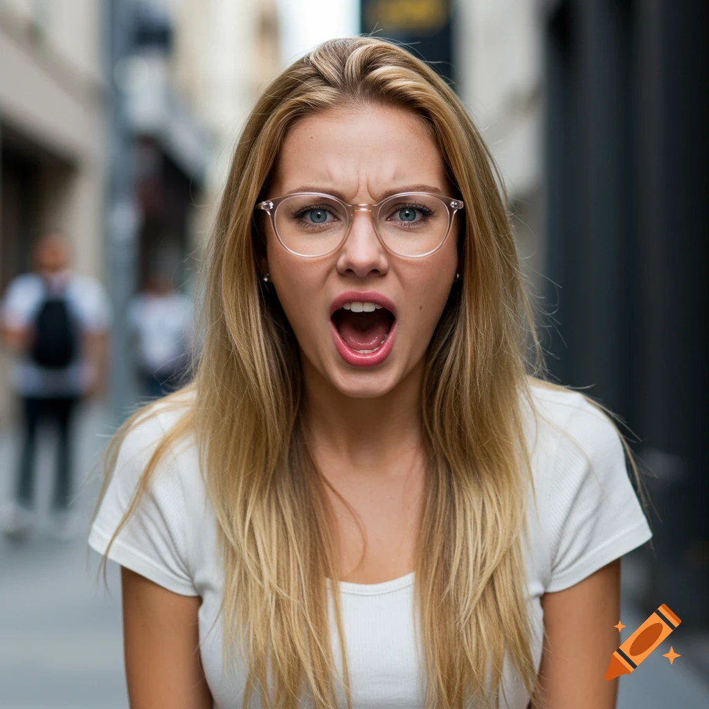 A young woman with blonde hair and glasses yells on a city street.
