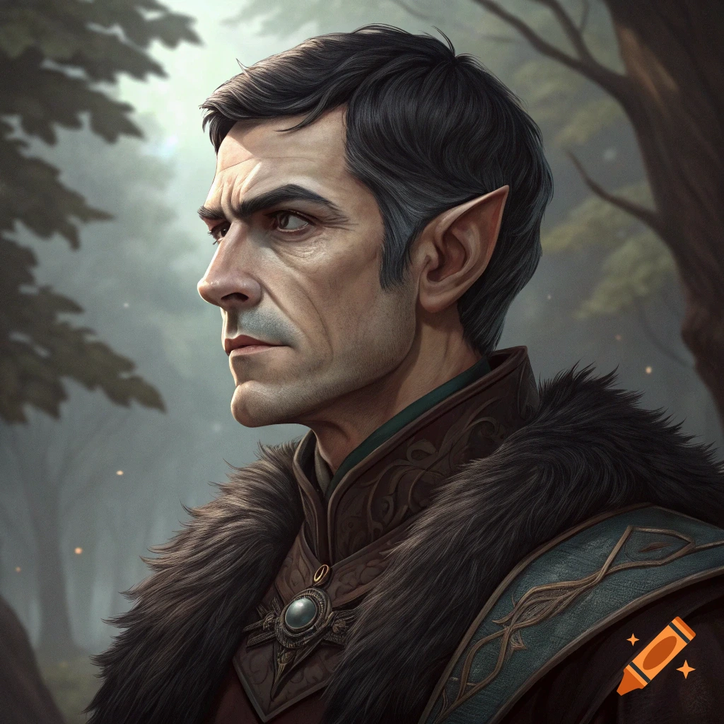 Portrait of an elven man with pointed ears and a fur collar in a forest.