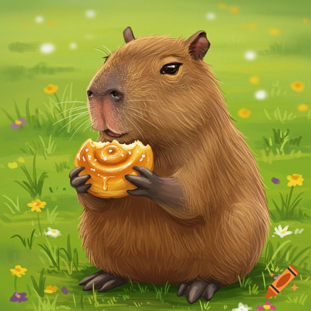 A capybara eating a honey bun in a grassy field with flowers.