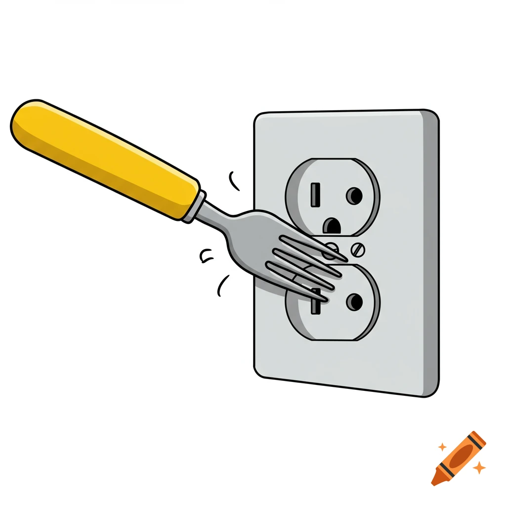 Cartoon illustration of a fork being stuck into an electrical outlet.