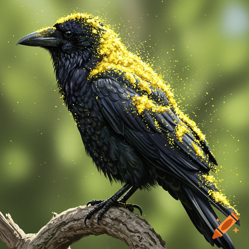 A black crow covered in yellow pollen sits on a branch.