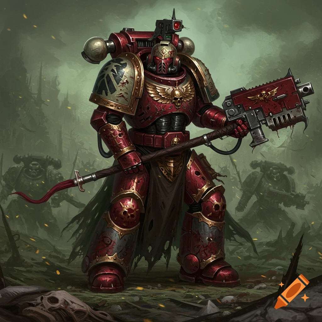 A Space Marine in red and gold armor stands with a large weapon in a ruined landscape with other marines in the background.