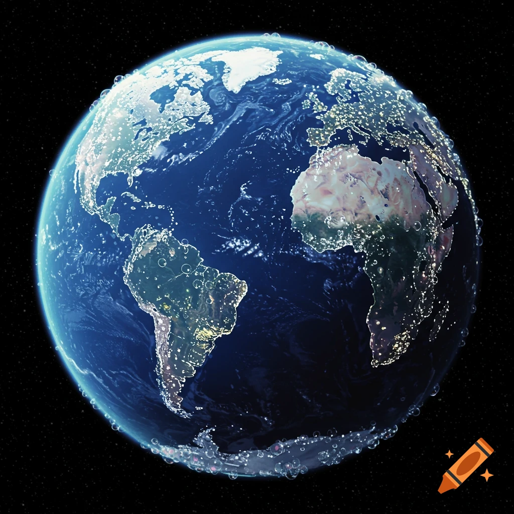 Earth seen from space, composed entirely of bubbles.