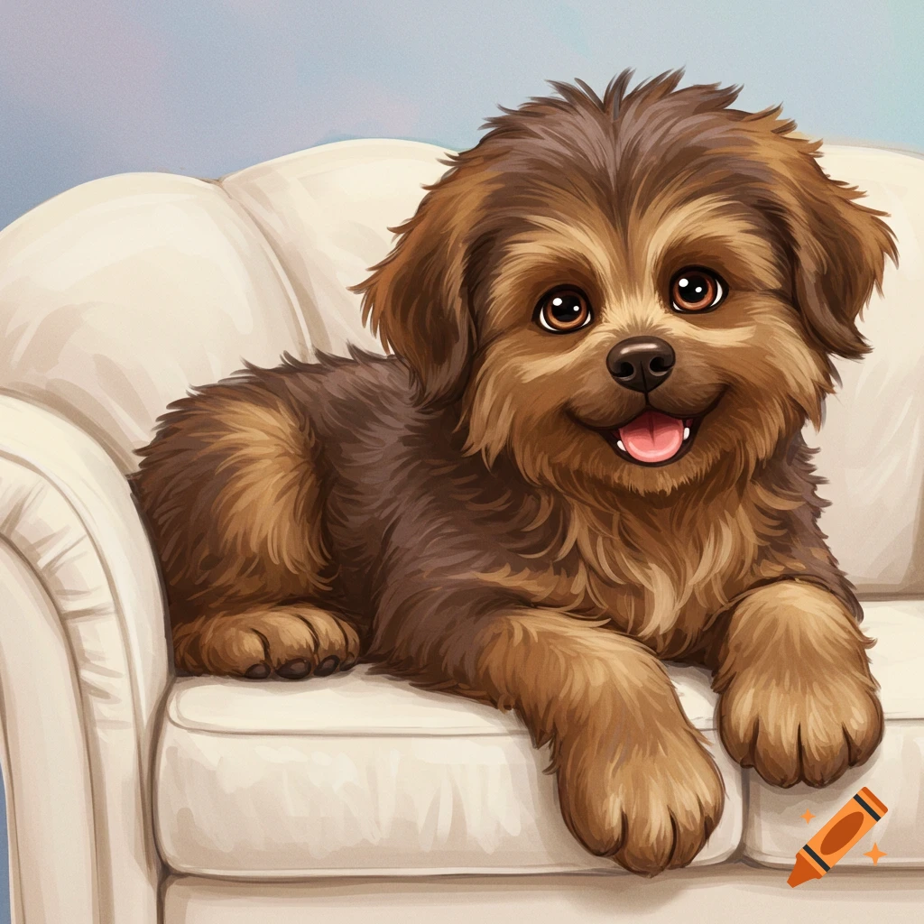 A fluffy brown puppy lying on a couch.