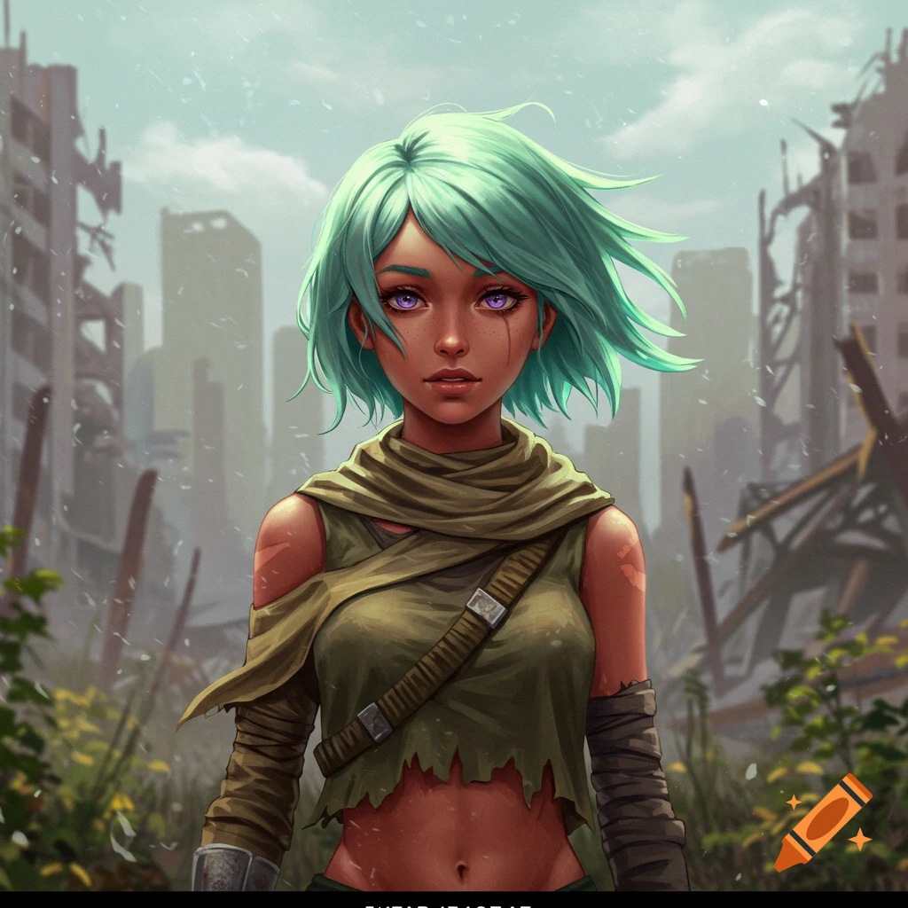 A young woman with green hair and purple eyes stands among the ruins of an apocalyptic city.