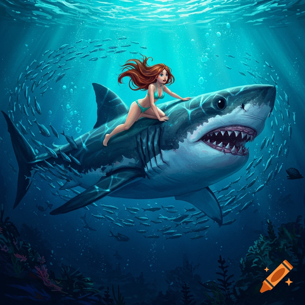a woman in a bikini riding a shark underwater with a school of fish.