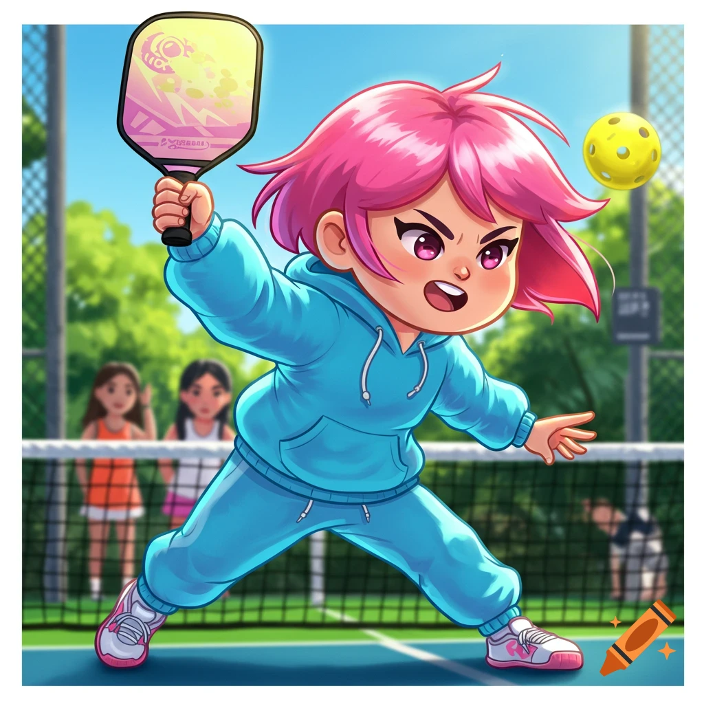 Pink-haired anime girl plays pickleball, swinging her paddle on a court.
