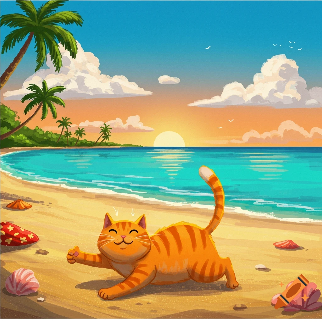 Cartoon orange striped cat stretches on a beach at sunset