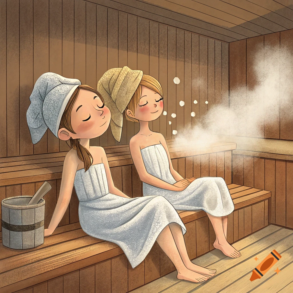 Two cartoon girls relax in a sauna, wrapped in towels, with steam rising.