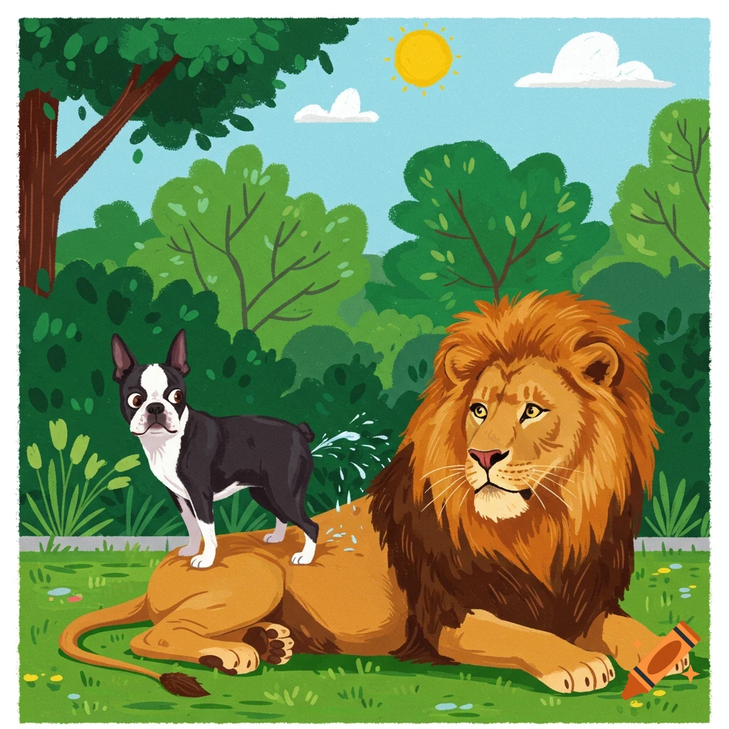 A Boston Terrier stands on a lion in a park, urinating on the lion's back.
