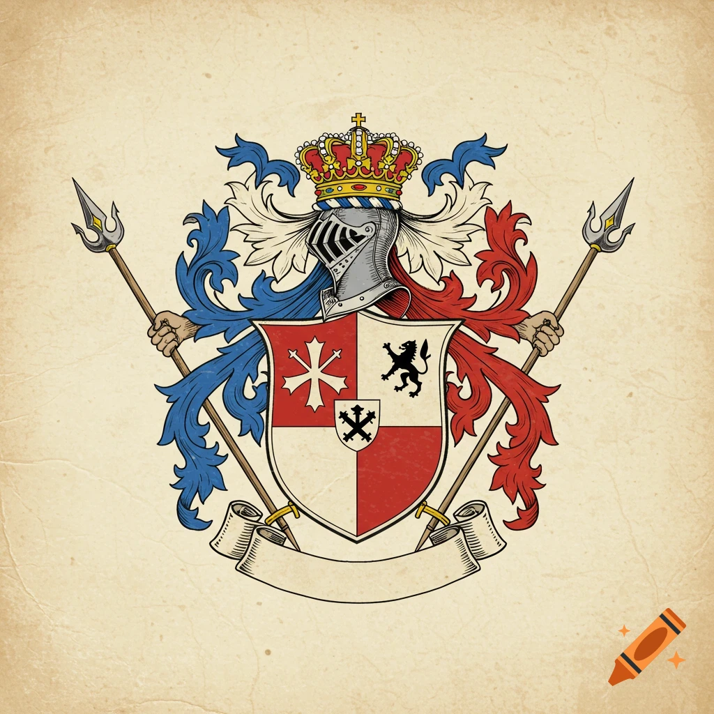 Detailed heraldic coat of arms on aged parchment.