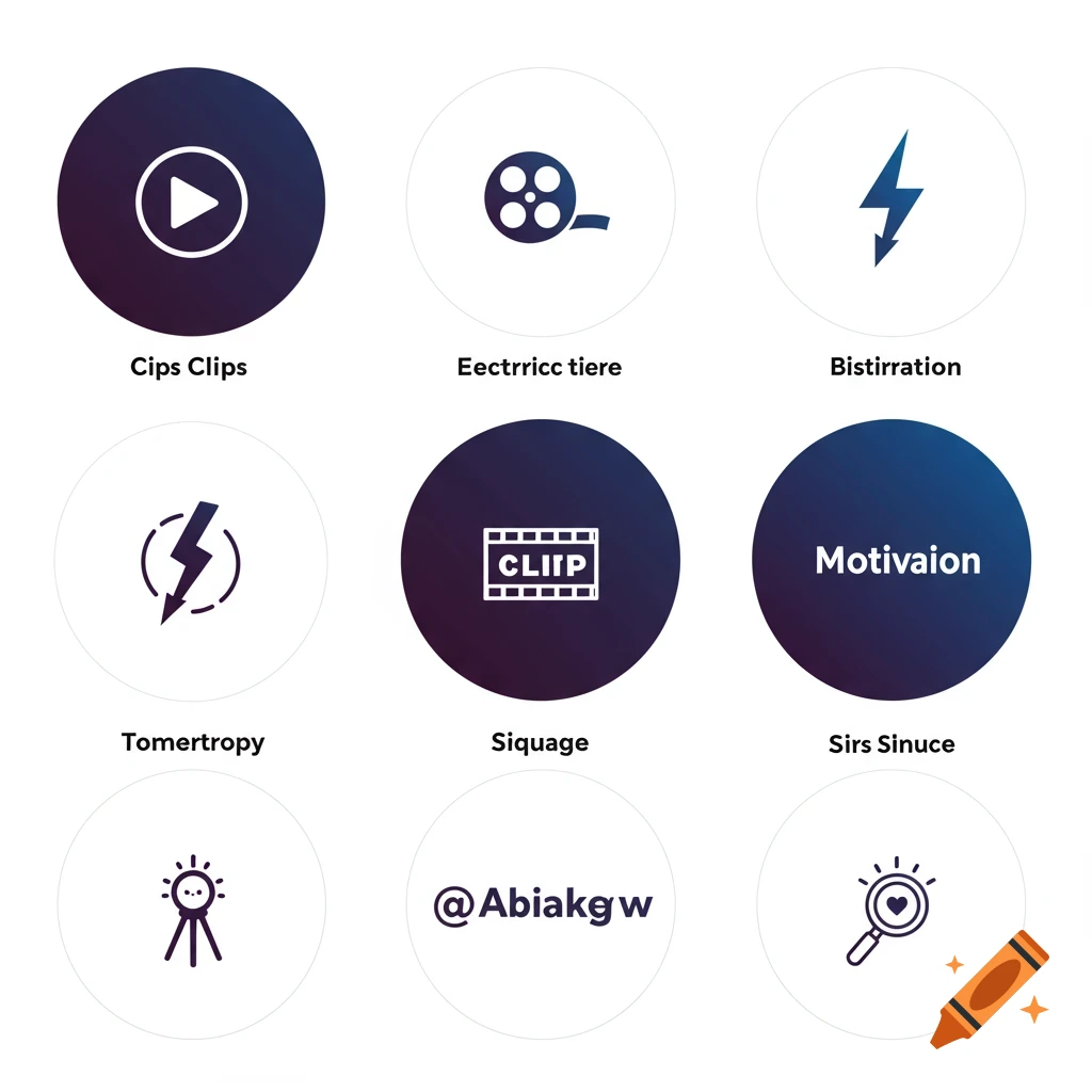 Nine simple icons with labels below: play button, film reel, lightning bolts, film strip, text circles, rosette, @ symbol, magnifying glass.