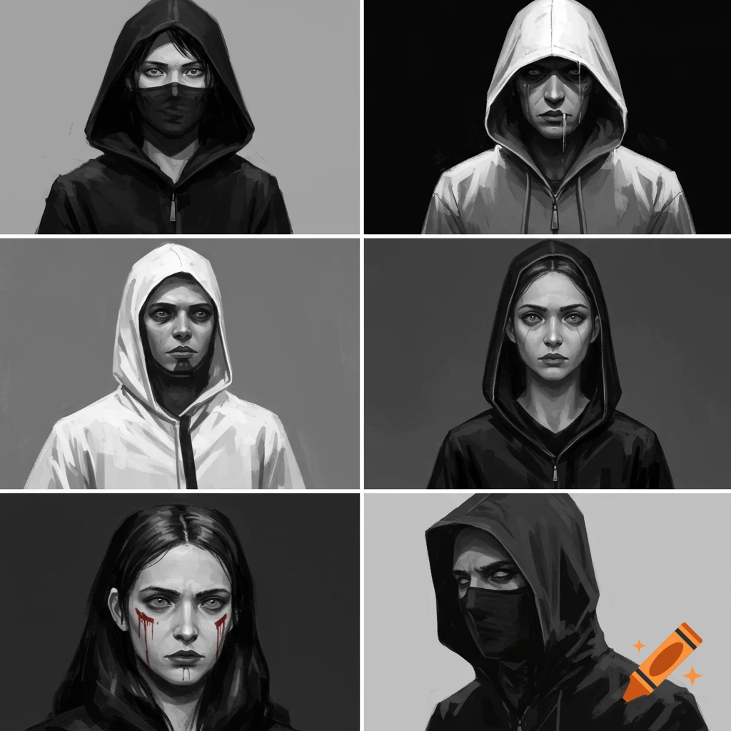 Six grayscale images of hooded figures, some masked, some with stylized blood.