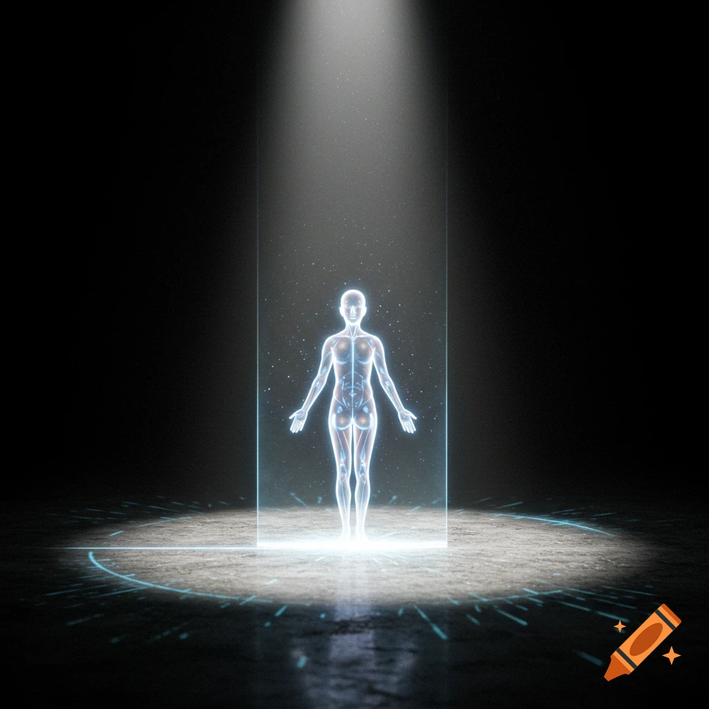 A glowing, transparent human form stands in a beam of light on a dark surface with abstract lines and particles.