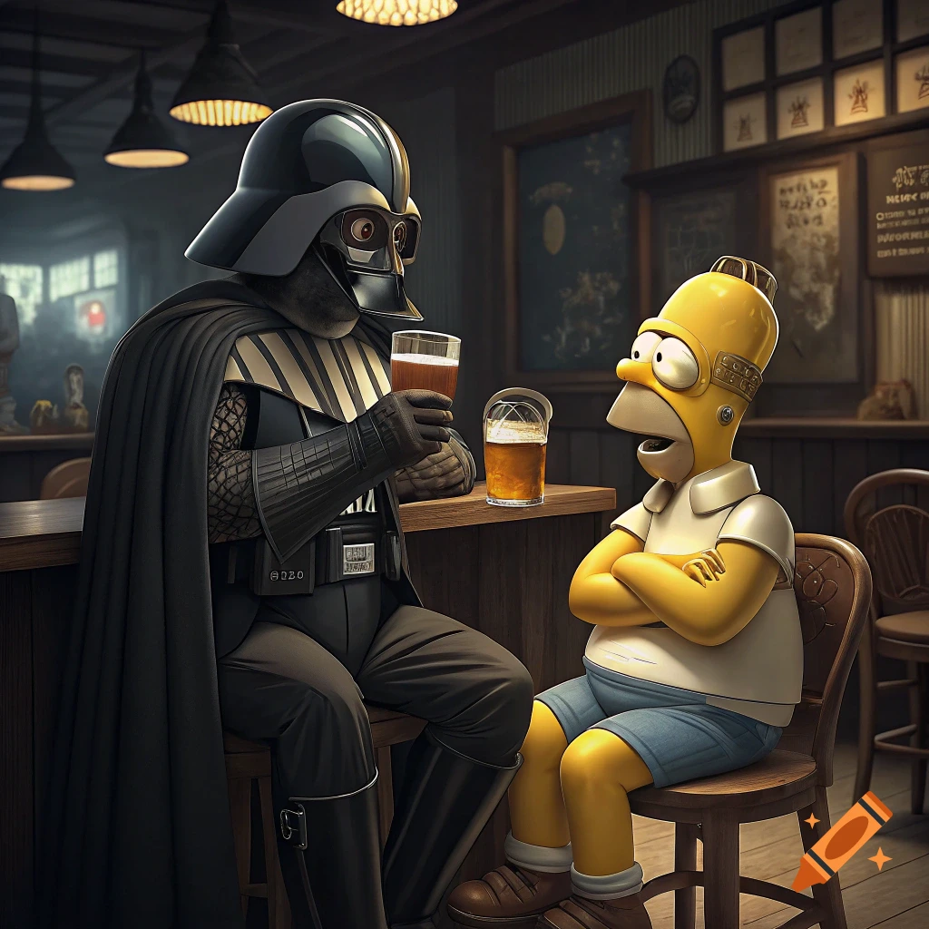 Darth Vader and Homer Simpson sit at a bar counter with beers.