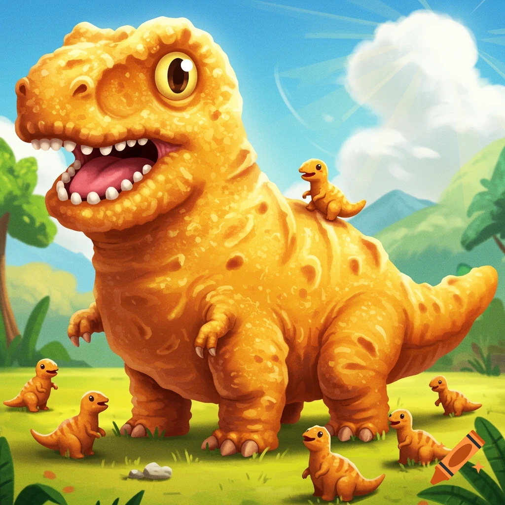 A large orange cartoon dinosaur with tiny baby dinosaurs around it in a sunny, grassy field. Vibrant.