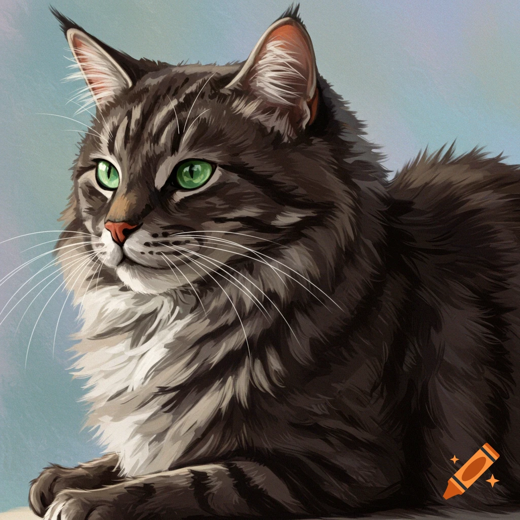 A fluffy brown tabby cat with green eyes.