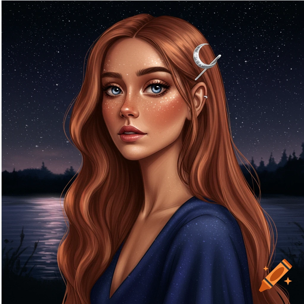 Portrait of a woman with red hair, blue eyes, freckles, and a crescent moon hair clip against a starry night sky.