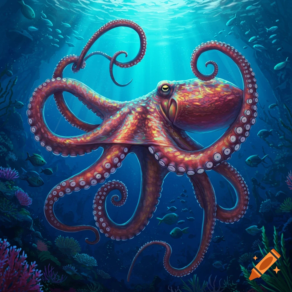 A vibrant red octopus swims in a blue underwater scene with fish and coral.