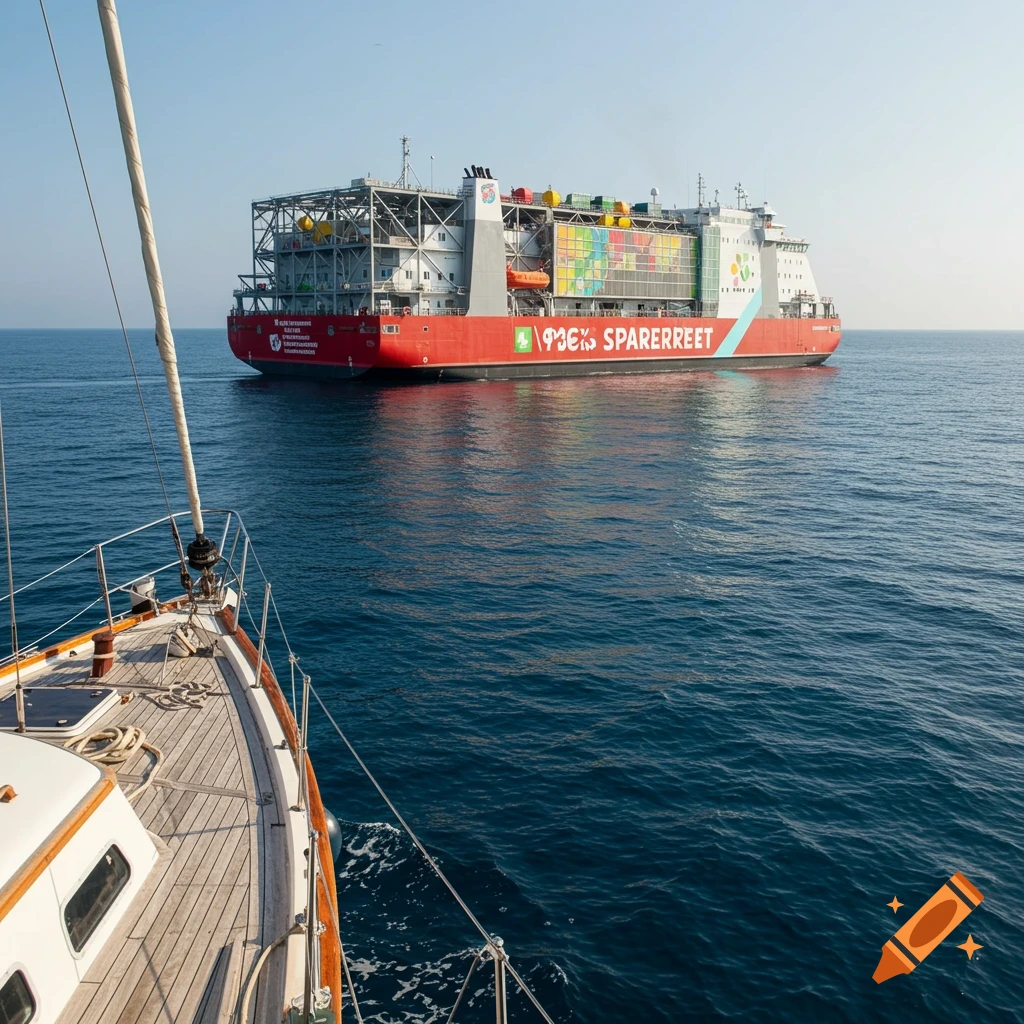 View from a sailing yacht looking towards a large, colorful ship at sea under a clear sky.