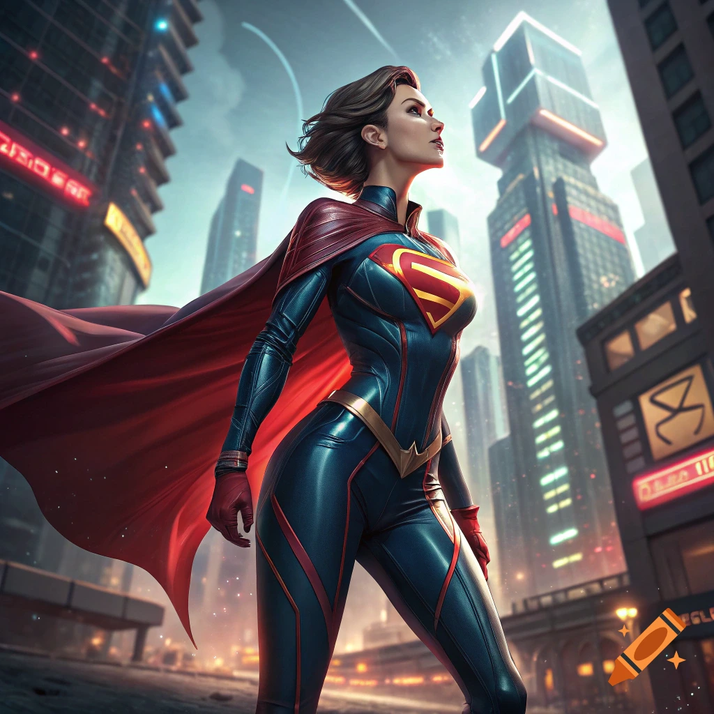 A woman in a superhero suit stands in a futuristic city.