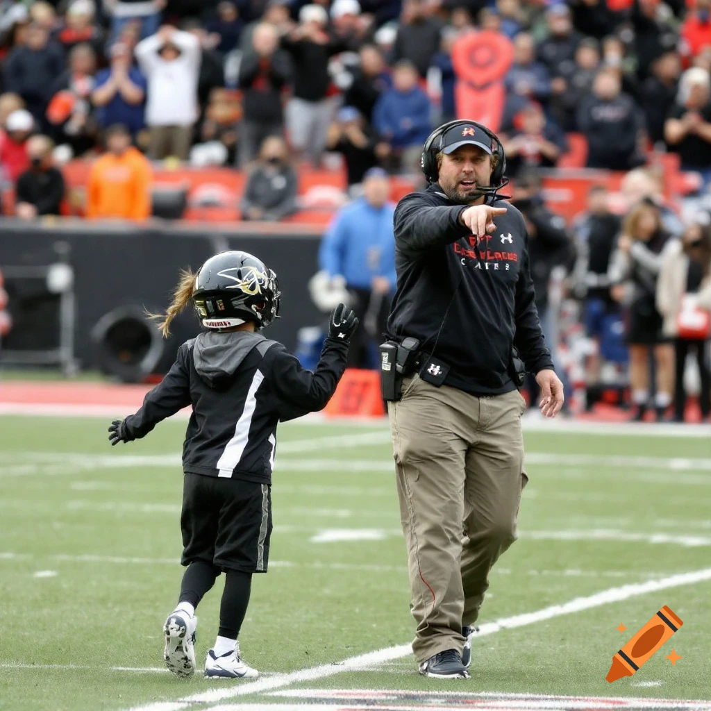 A football coach points to a child in uniform on a field.