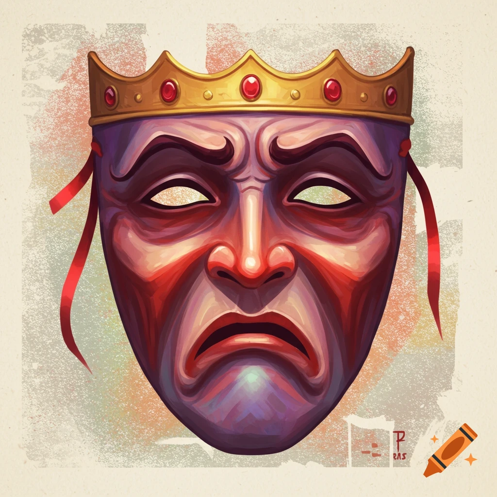 A red and purple sad theater mask wears a gold crown with ribbons.