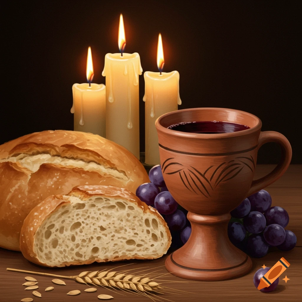 Bread, wine in a chalice, candles, and grapes on a table.