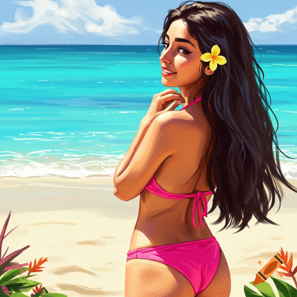 A woman in a pink bikini on a beach.