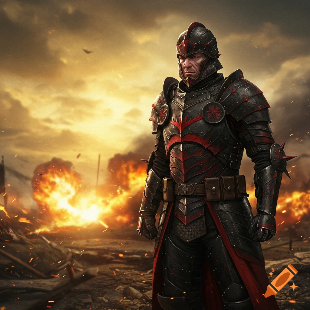 A soldier in red and black armor stands on a battlefield amidst explosions.