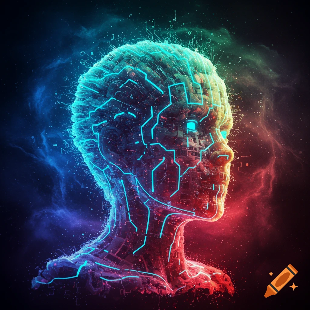 Abstract bust composed of glowing blue circuits against red and blue cosmic clouds.