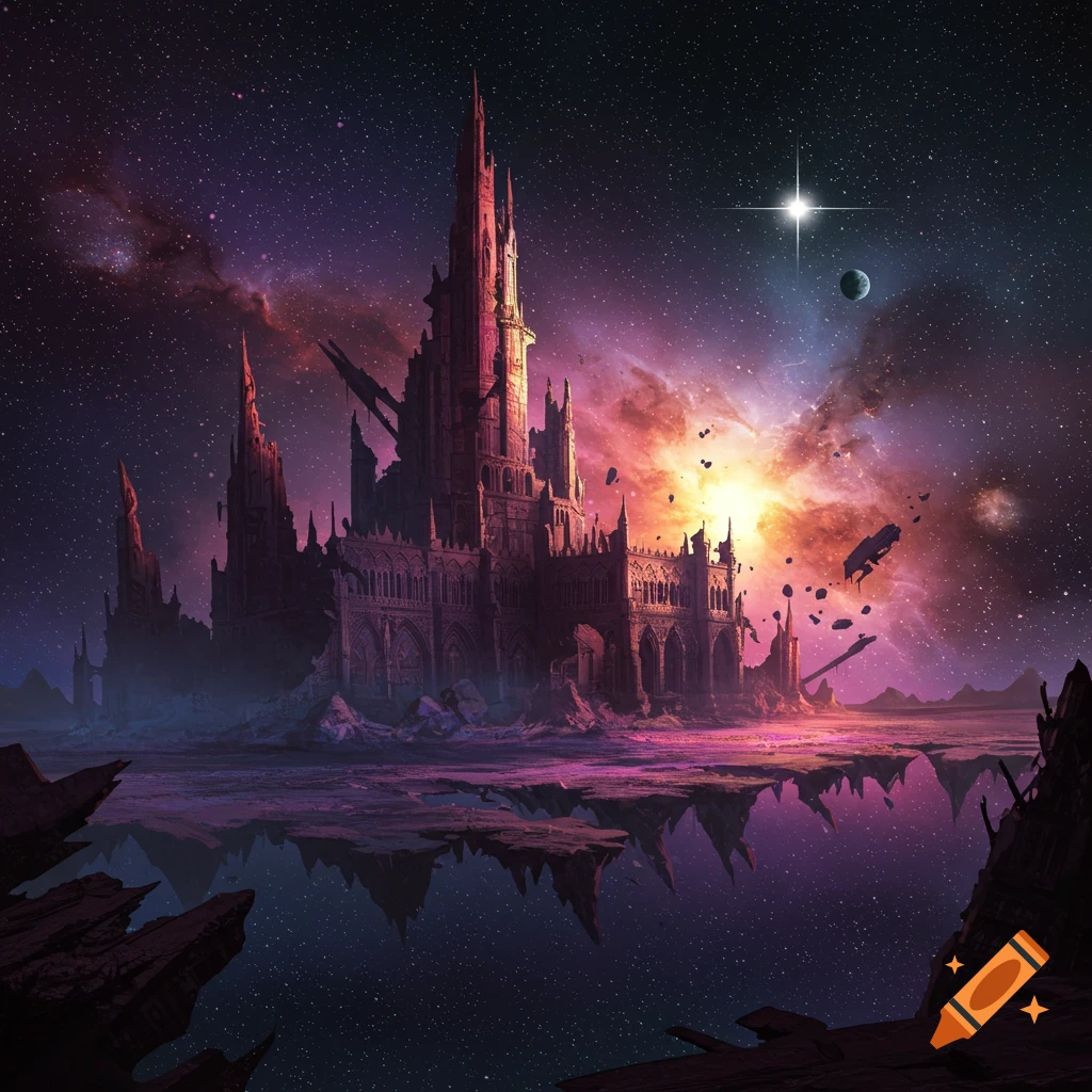 Ruined castle floating in cosmic space with a nebula, stars, and planets.