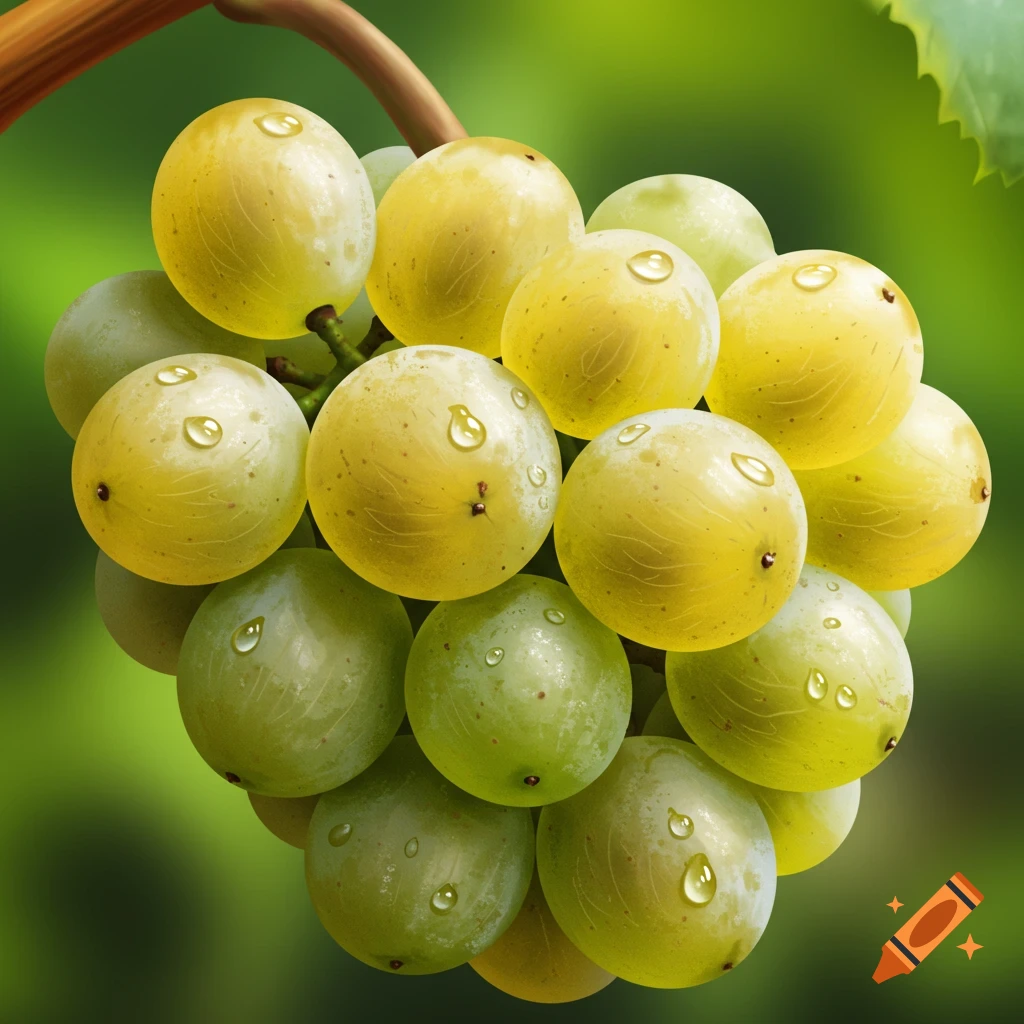 A close-up of a cluster of green and yellow grapes with water droplets.